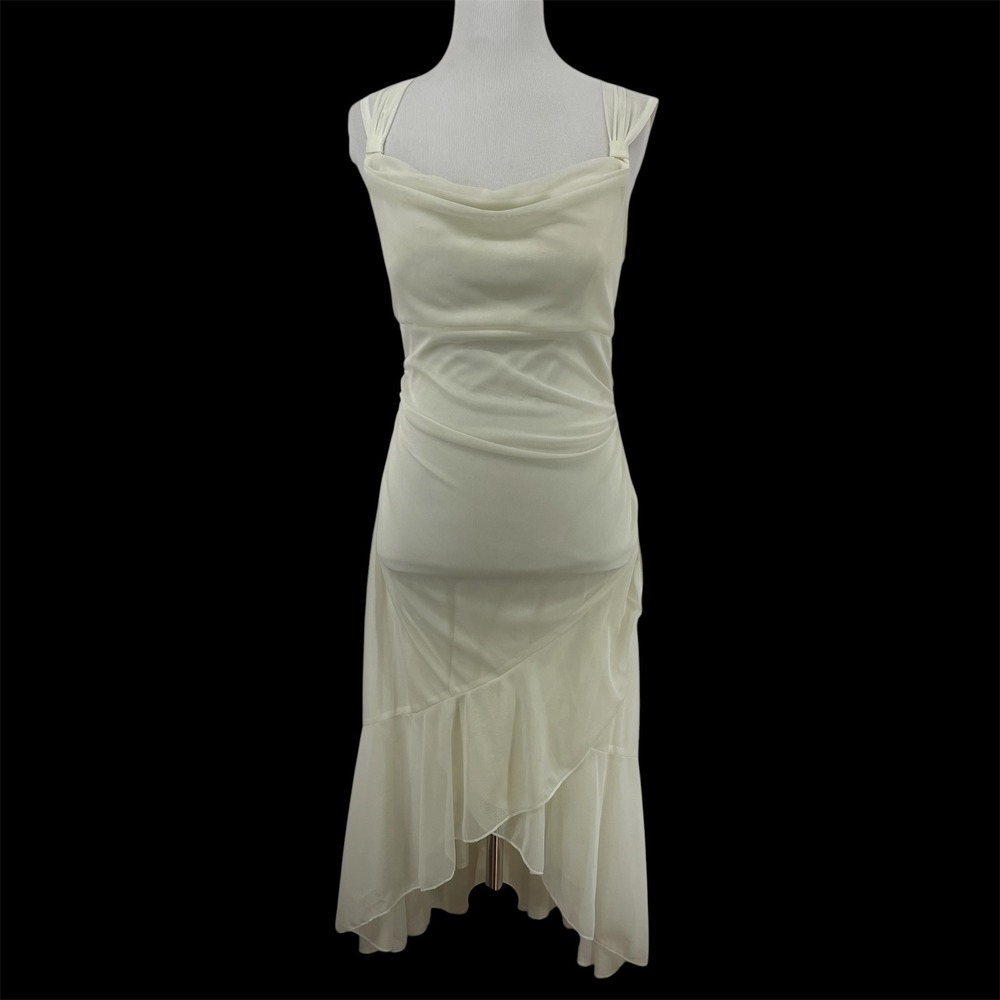 Ruby Rox Size M Midi Dress Cream Cowl Neck Ruched Asymmetric Ruffle Mesh Y2K